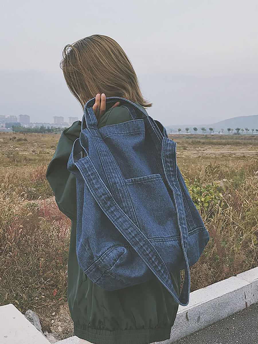 Vintage Solid Denim Spliced Shoulder Bags