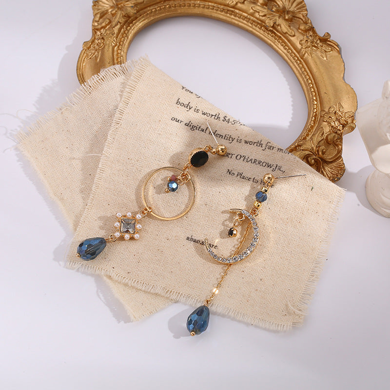 Blue Waterdrop Moon Asymmetric Earrings