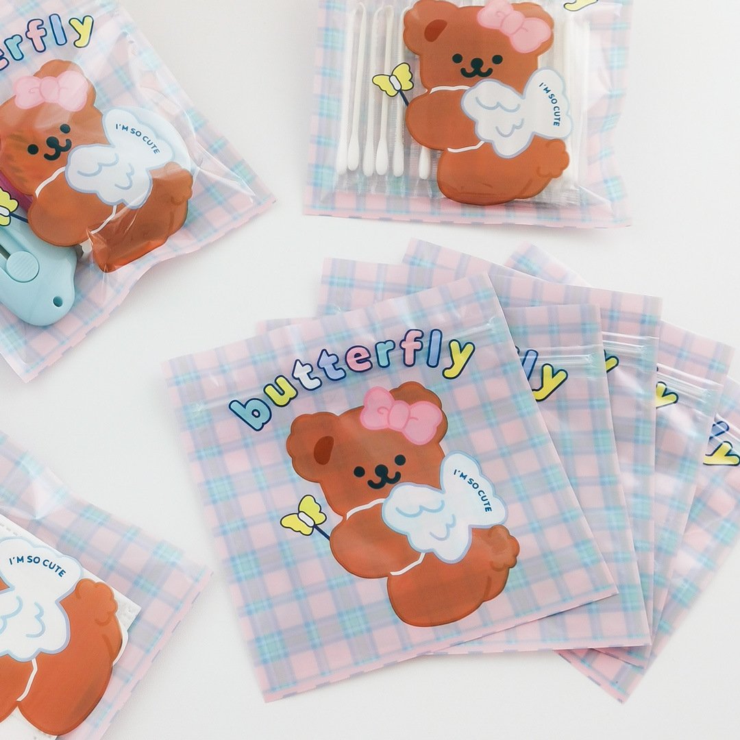 Bonjour Bear Plaid Ziplock Bags-5pcs