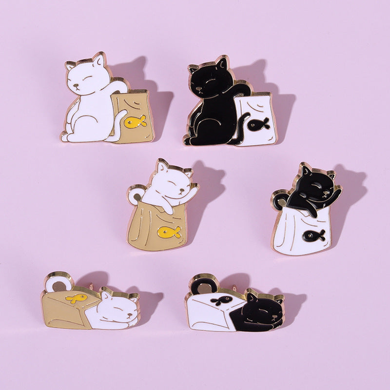 Cute Black and White Paper Bag Cat Pins