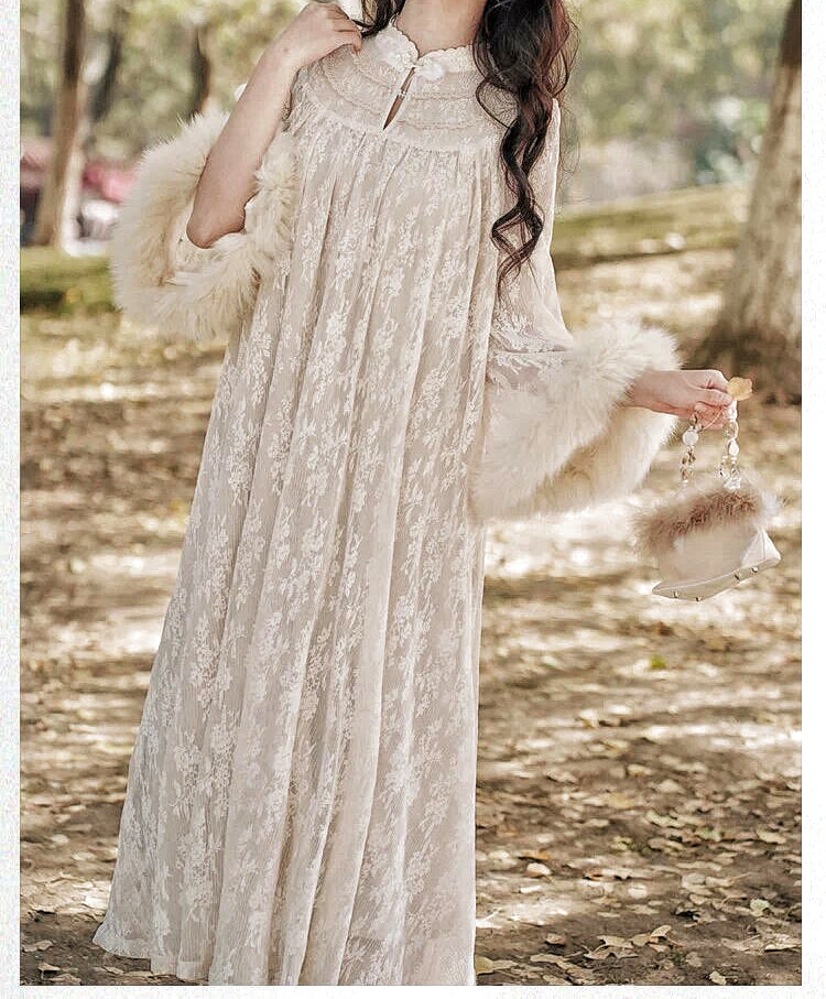 Magic Muse Faux Fur Lace Dress with Pearl Belt