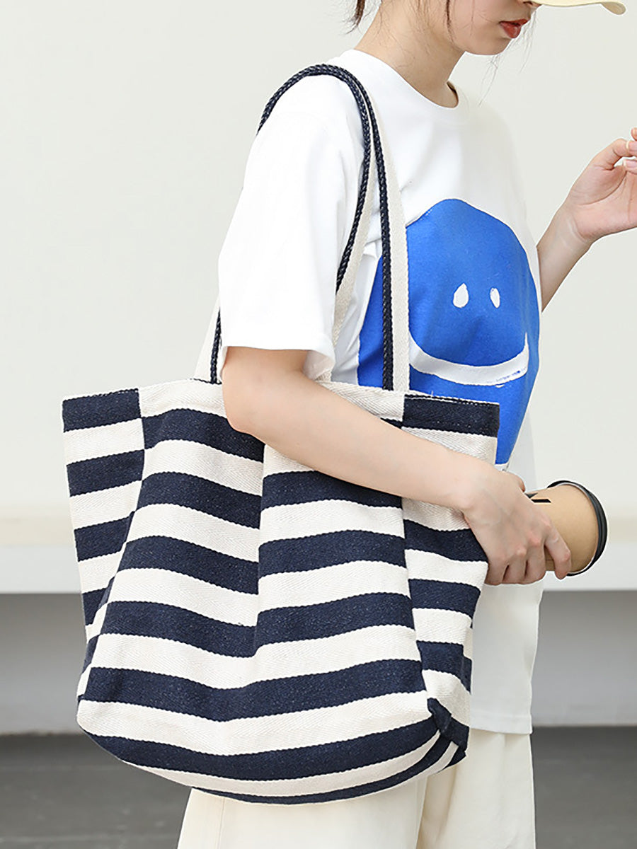 Women Casual Stripe Canvas Large Capacity Shoulder Bag