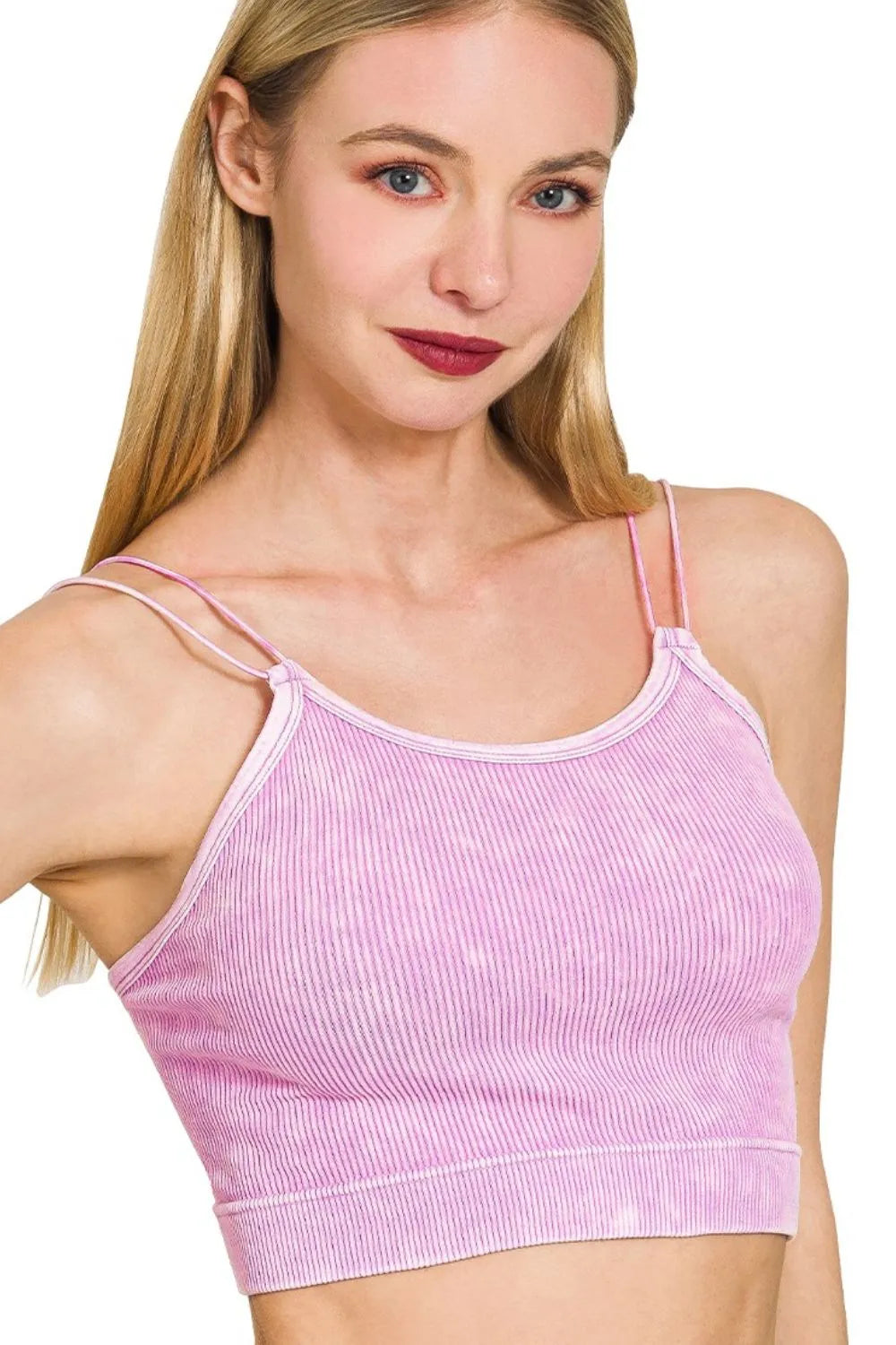 Zenana Washed Ribbed Seamless Double Strap Brami