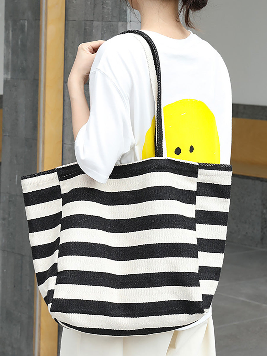 Women Casual Stripe Canvas Large Capacity Shoulder Bag