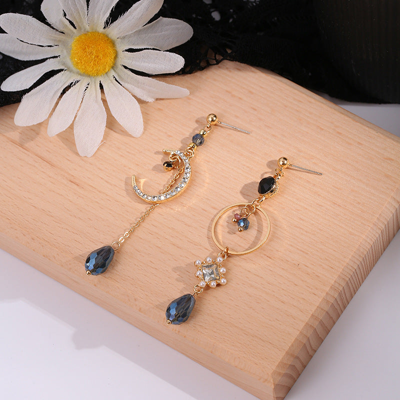 Blue Waterdrop Moon Asymmetric Earrings