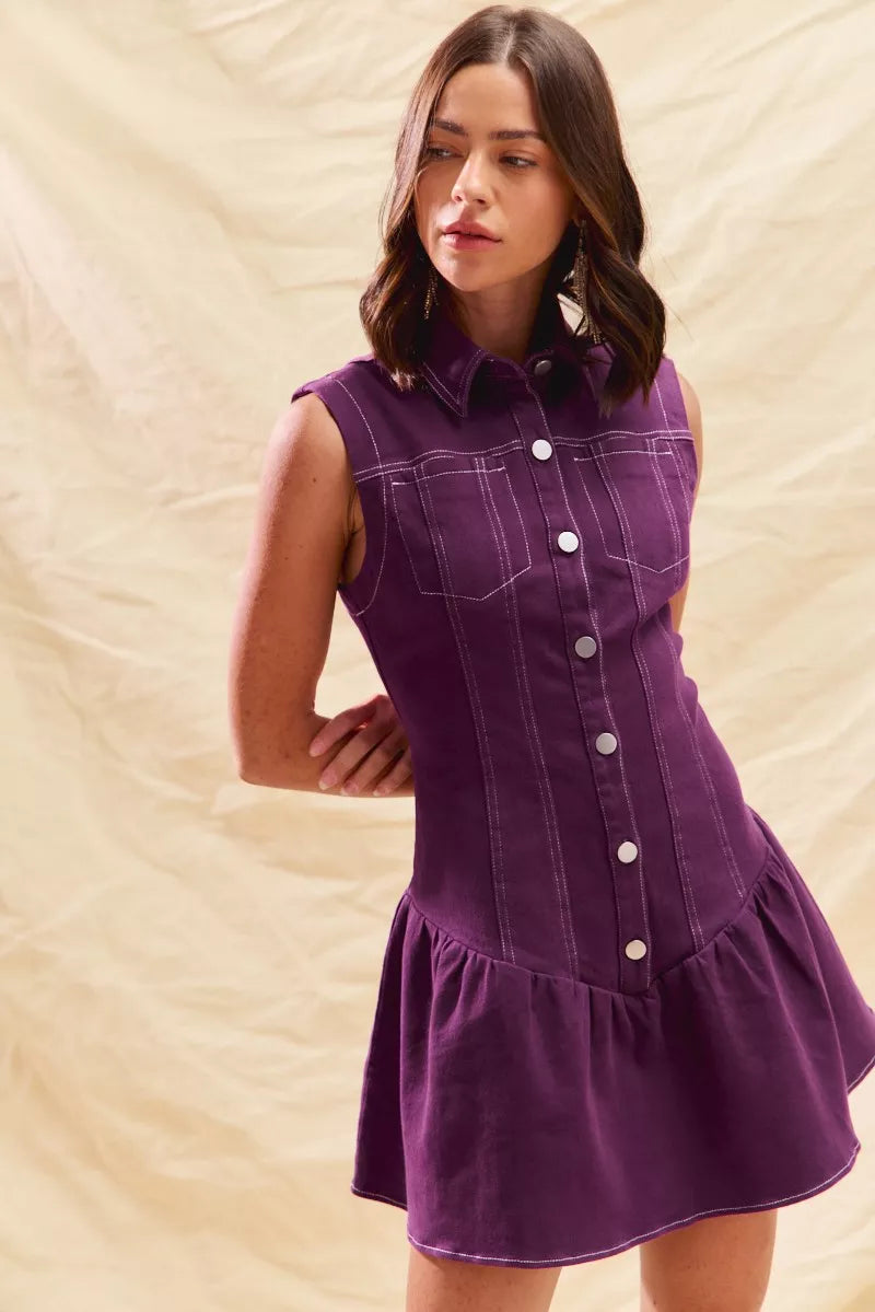 Button Down Sleeveless Collared Mini Dress