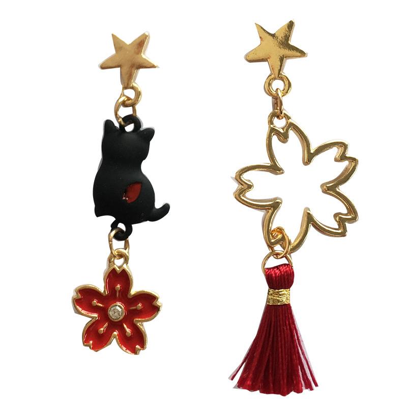 Asymmetric Cute Cat Flower Earrings