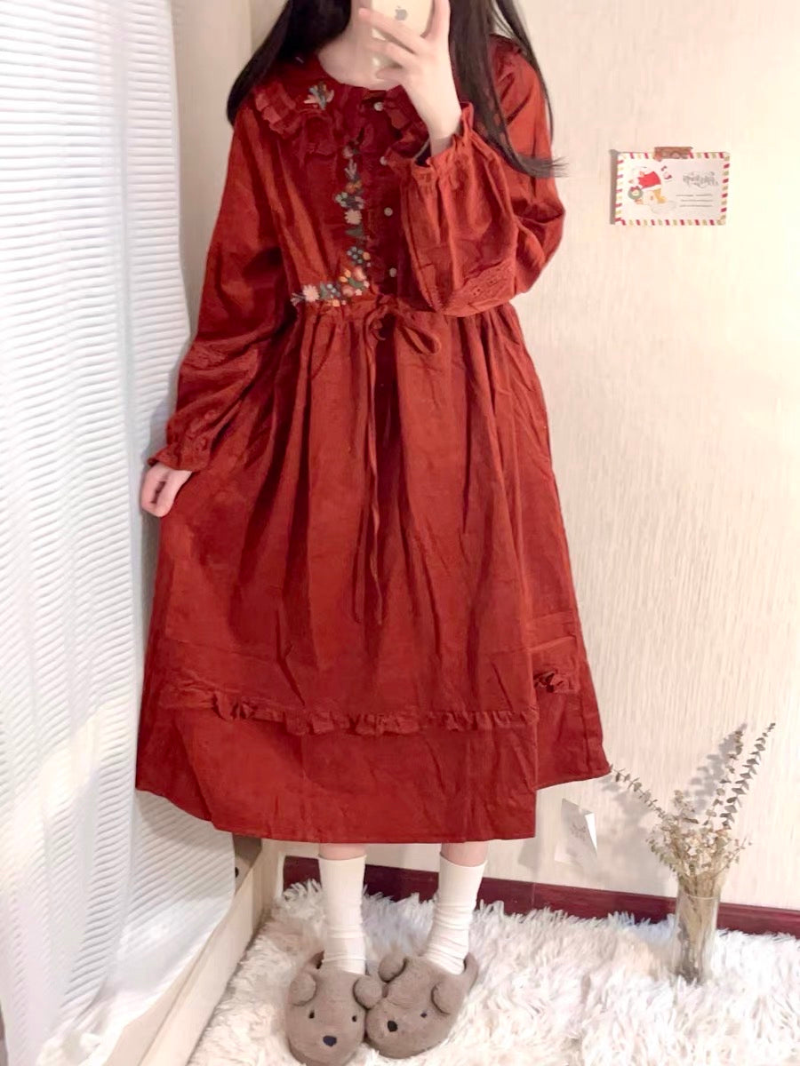 Foxy Fall Cottagecore Dress with Embroidery