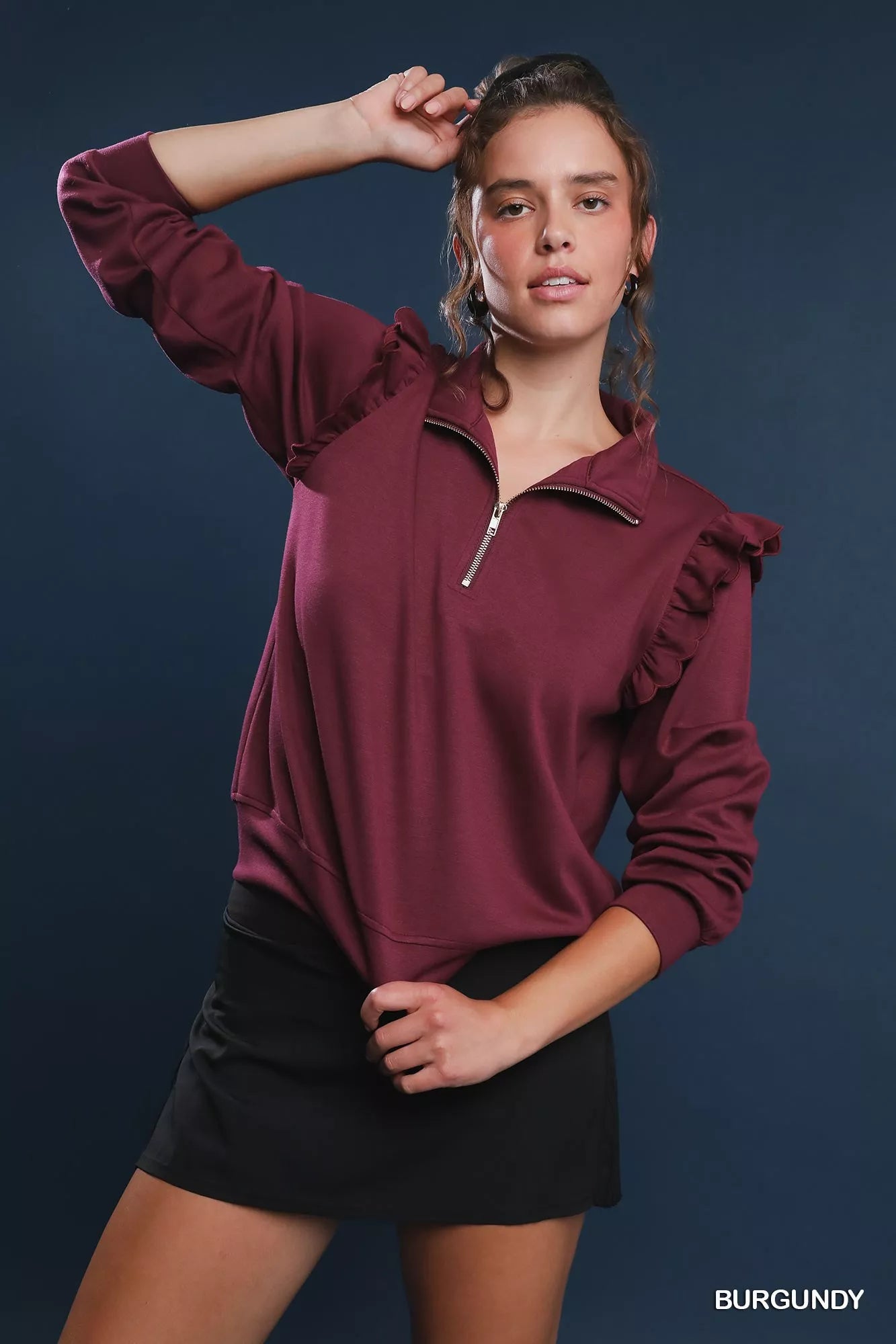 Ruffle Shoulder Quarter-Zip Sweatshirt