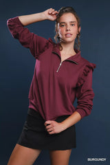Ruffle Shoulder Quarter-Zip Sweatshirt