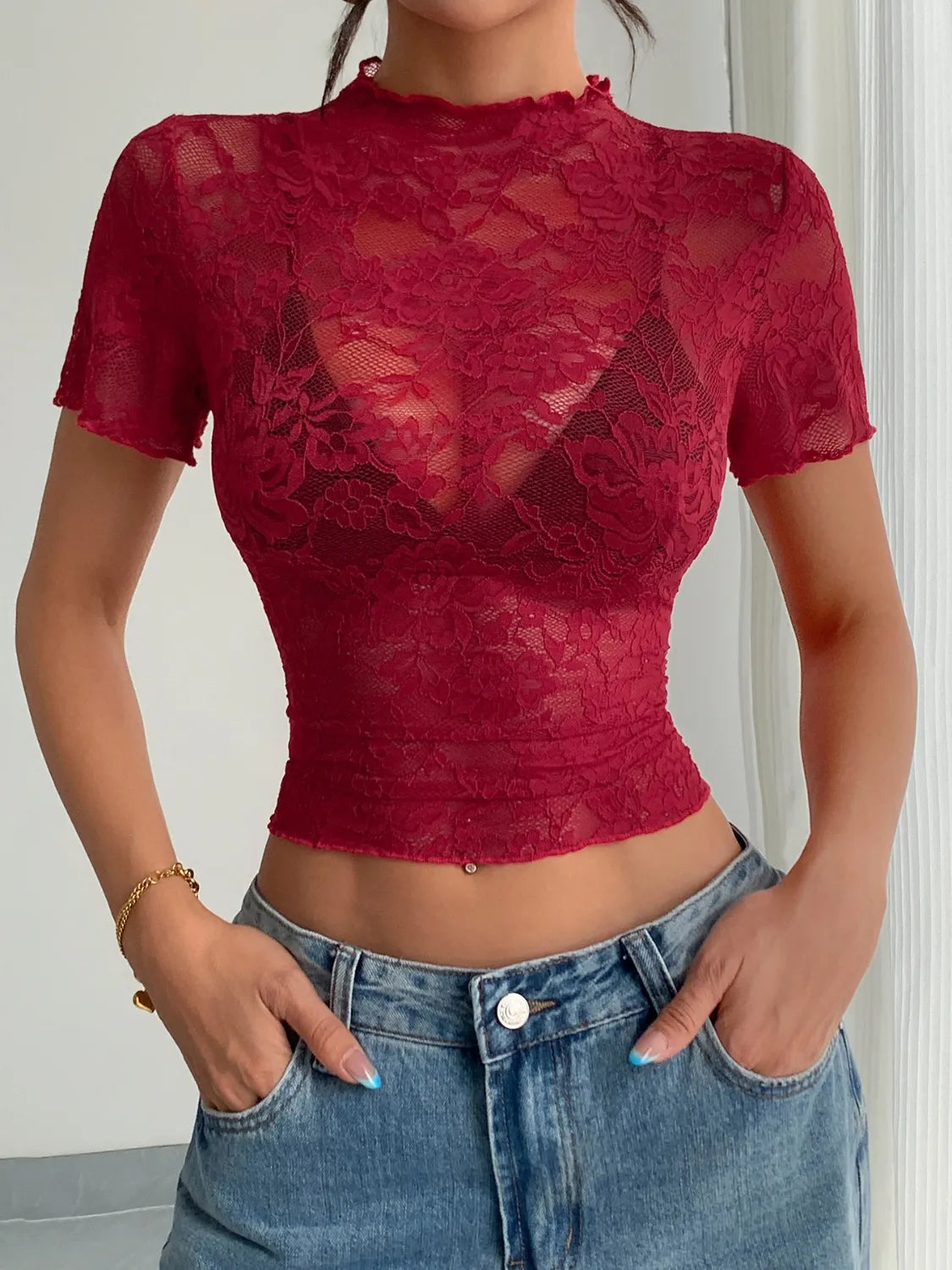 Lace Mock Neck Short Sleeve Top
