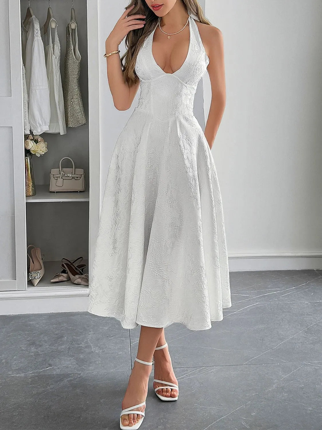 Halter Neck Midi Dress with Pockets