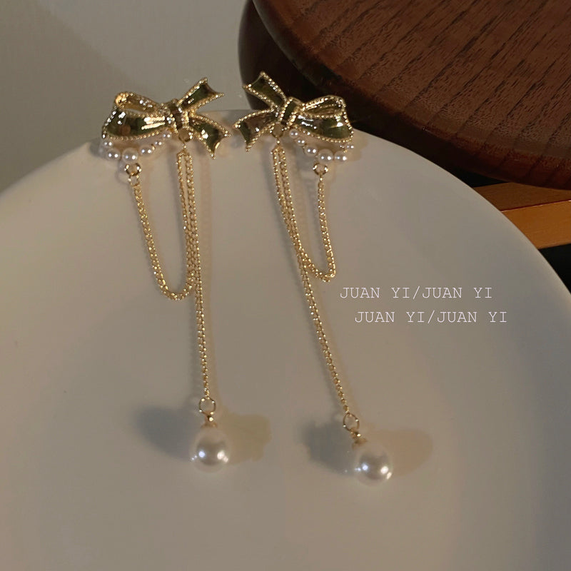 Pearl Bow Fringe Earrings