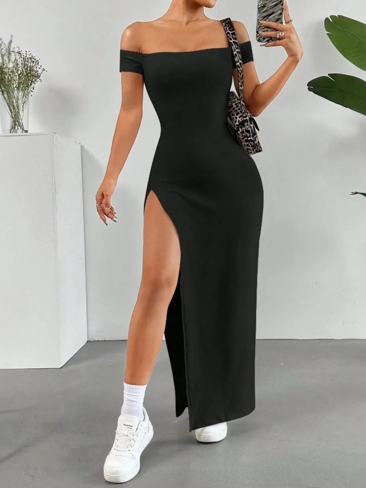 Off-Shoulder High Slit Maxi Dress
