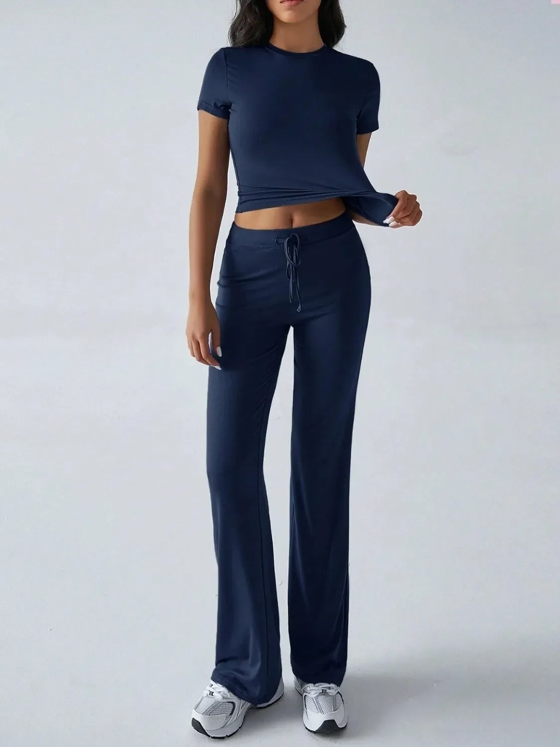 Round Neck Short Sleeve Top and Pants Set