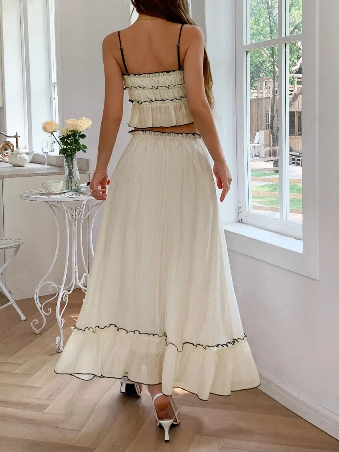 Frill Square Neck Cami and Skirt Set