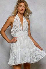 POL Halter Lace Patch Ruffle Mini Dress with Adjustable Tie on Back