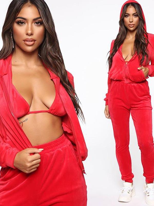 Solid Plush Zipper Hoodies&Pants Sports Suits ACTIVE WEAR