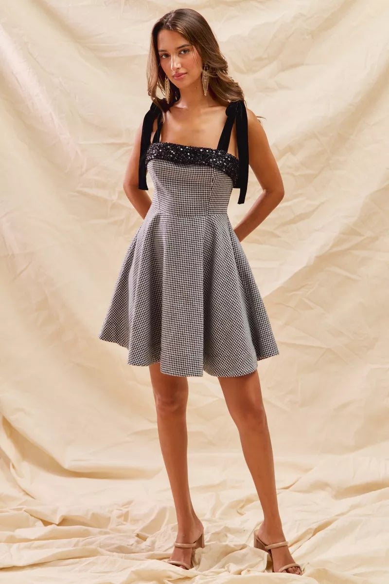 Houndstooth Fit Flare Mini Dress with Shoulder Tie