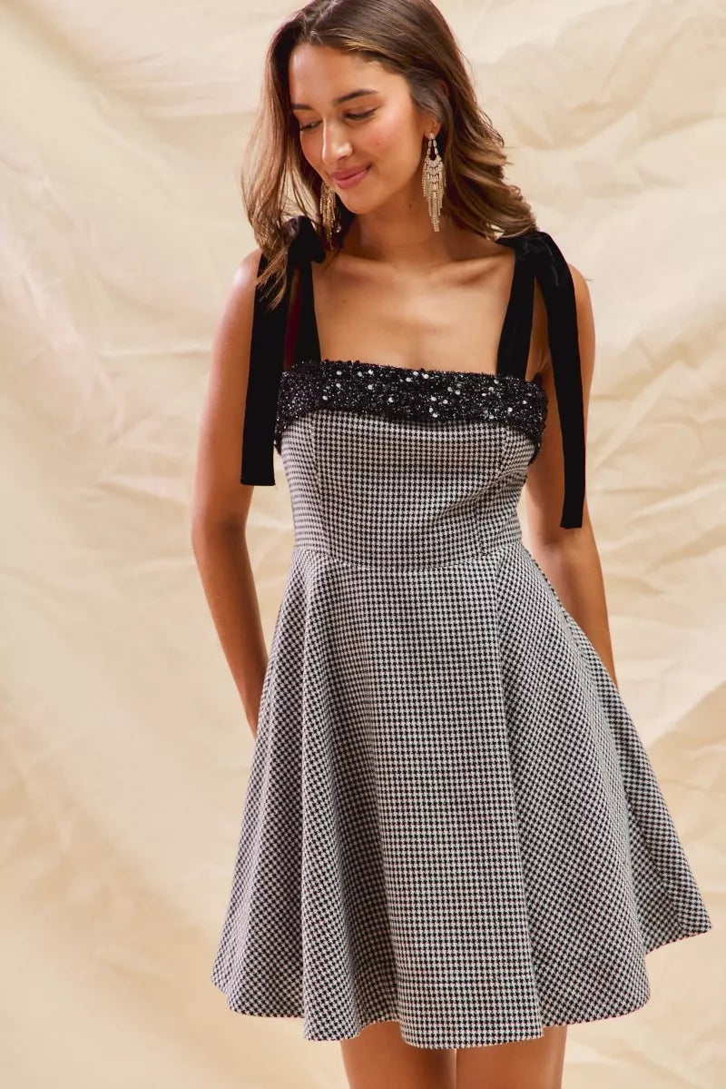 Houndstooth Fit Flare Mini Dress with Shoulder Tie