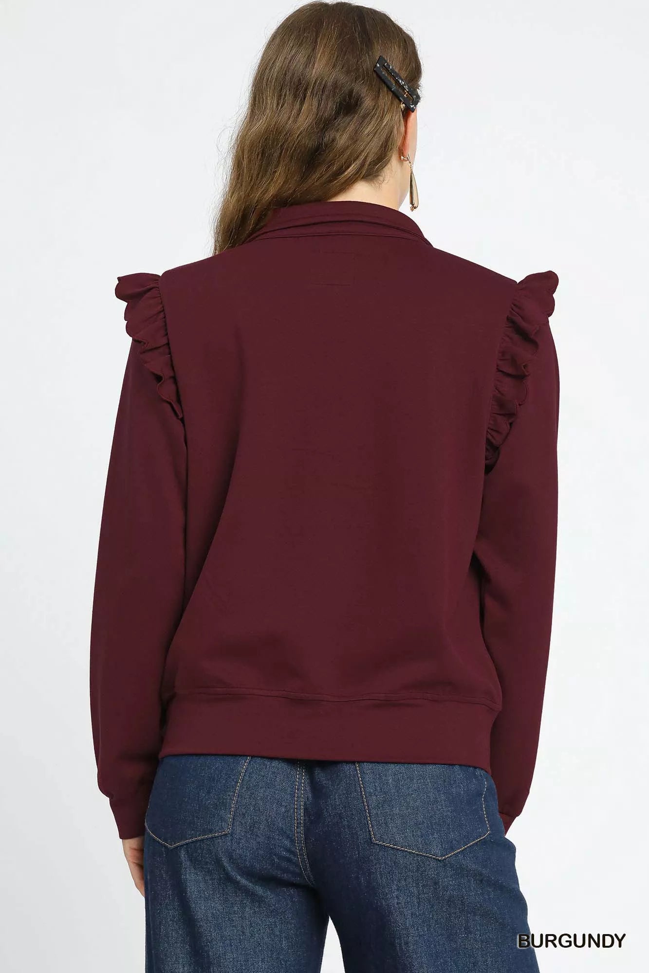 Ruffle Shoulder Quarter-Zip Sweatshirt