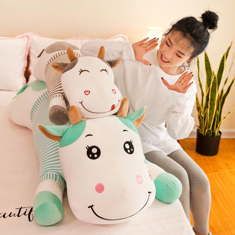 140cm Lovely Creative Milk Cow Plush Pillow Toys Soft Stuffed Cartoon Animal Cattle Doll Bedroom Sleeping Pillow Cushion