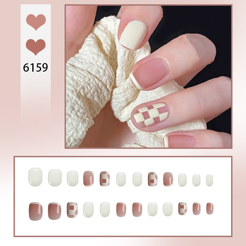 White Checkerboard Wearable Nails Finished Manicure