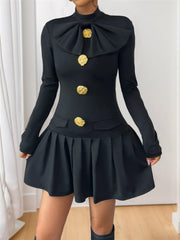 Decorative Button Mock Neck Long Sleeve Mini Dress