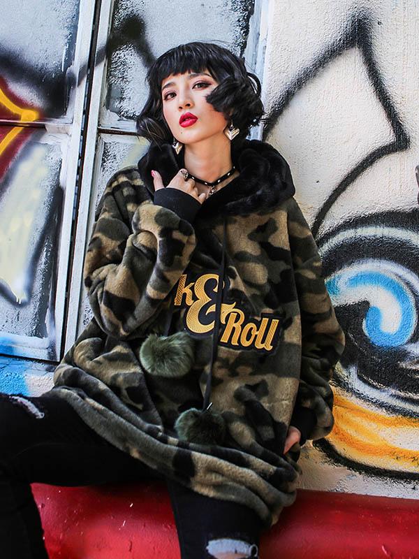 Camouflage Plush Casual Loose Hoodie