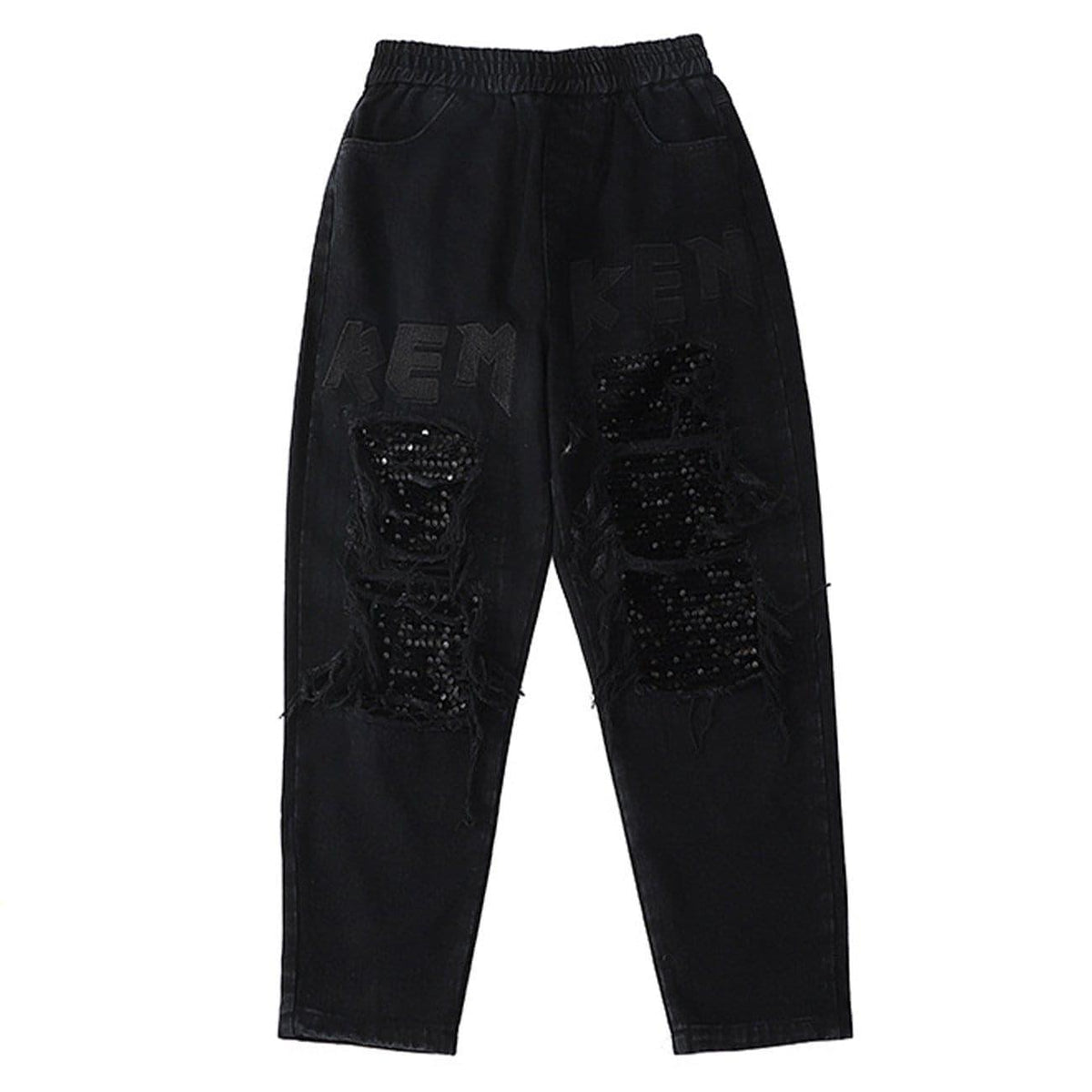 Ripped Sequined Embroidered Patchwork Jeans