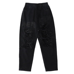 Ripped Sequined Embroidered Patchwork Jeans