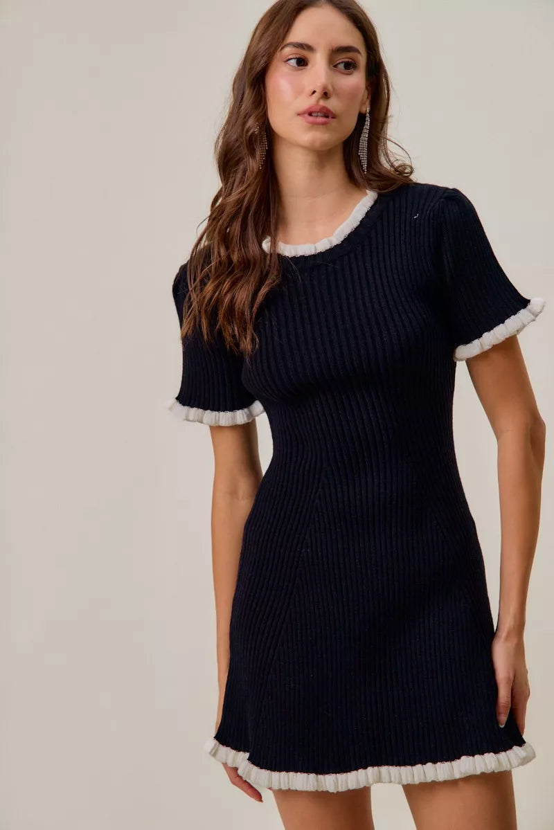 Contrast Ruffled Sweater Knit Mini Dress