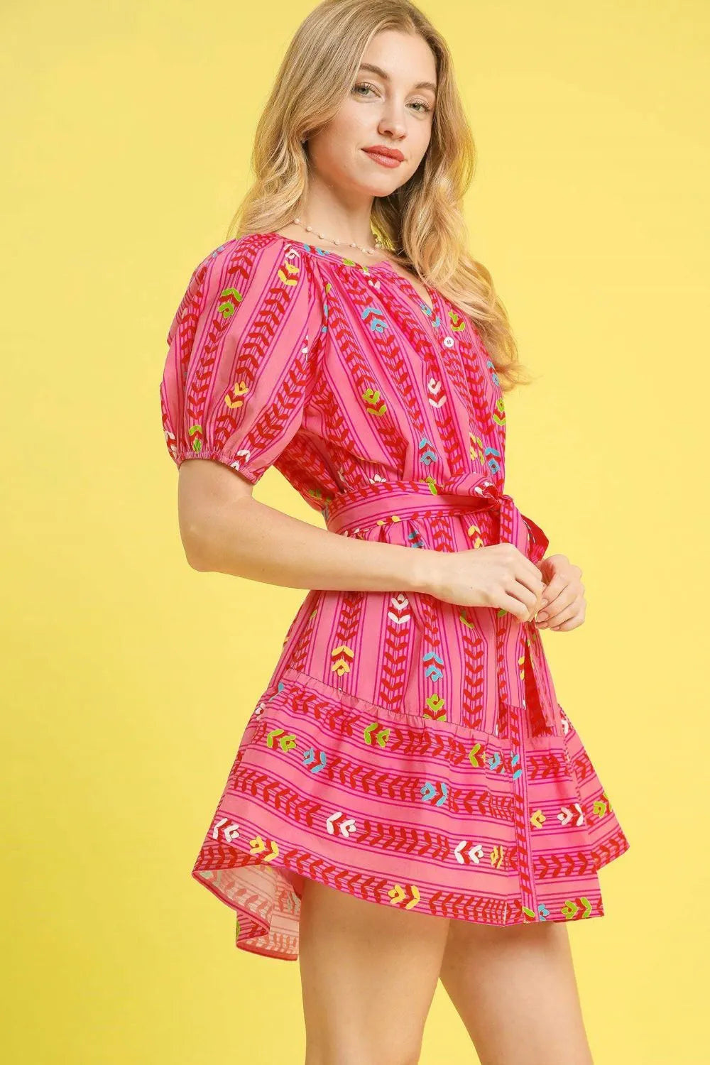 Printed Tie Waist Puff Short Sleeve Mini Dress