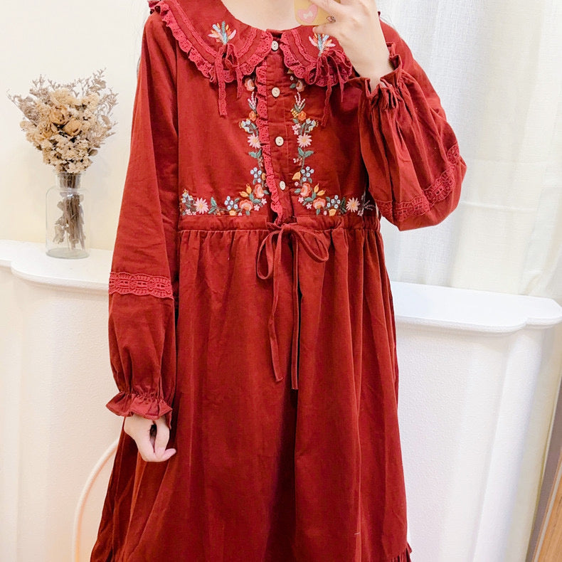 Foxy Fall Cottagecore Dress with Embroidery