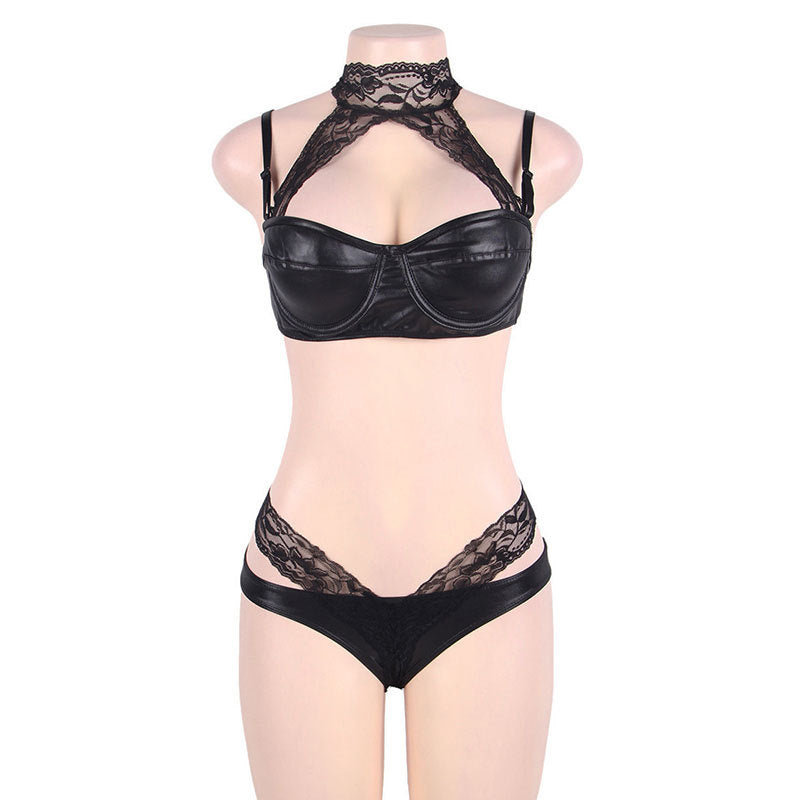 Plus Size Sexy Lingerie Faux Leather Halter Bra Set