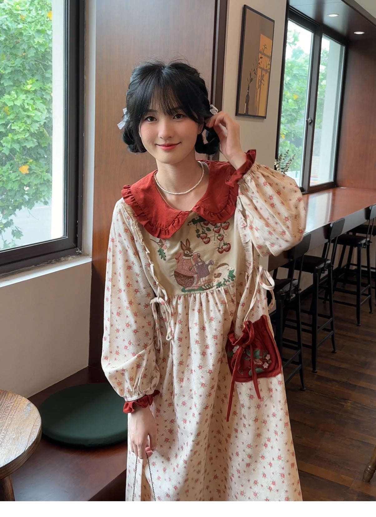 Rabbit's Strawberry Garden Cottagecore Goblincore Dress with Embroidery