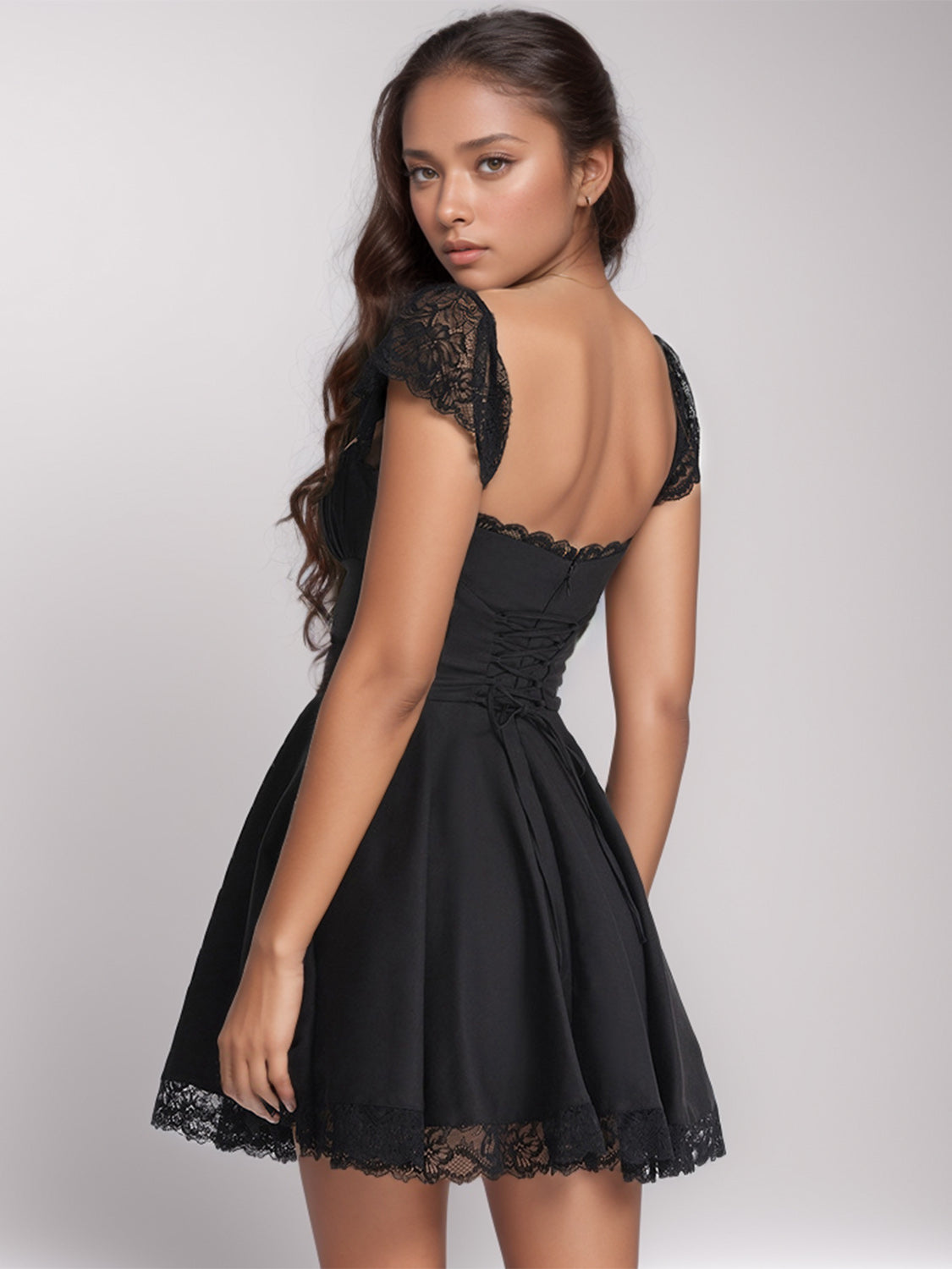 Lace Detail Square Neck Cap Sleeve Dress