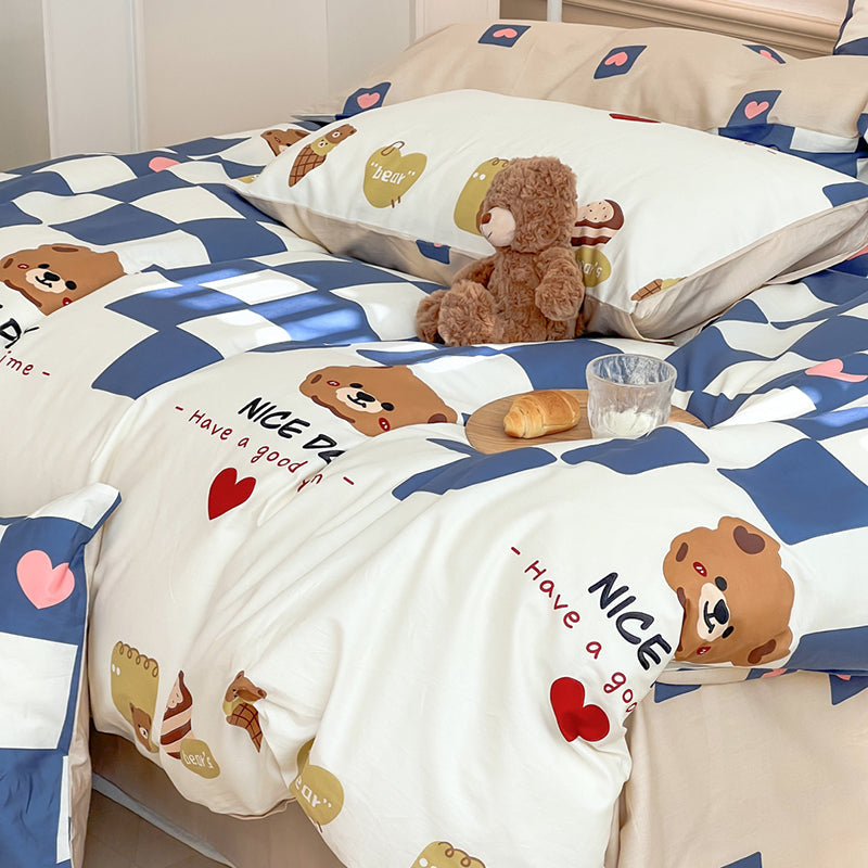 Blue Grid Bear Bedding Set