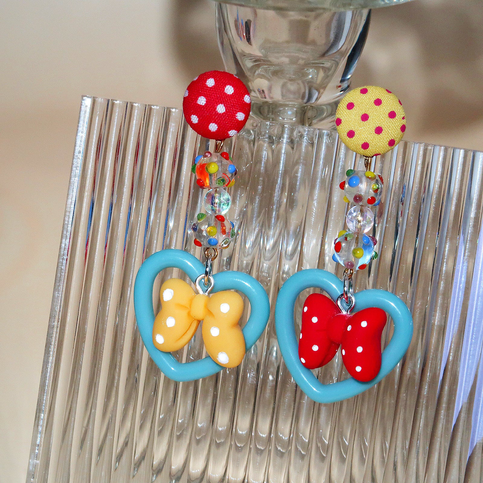 Color Polka Dot Bow Heart Earrings