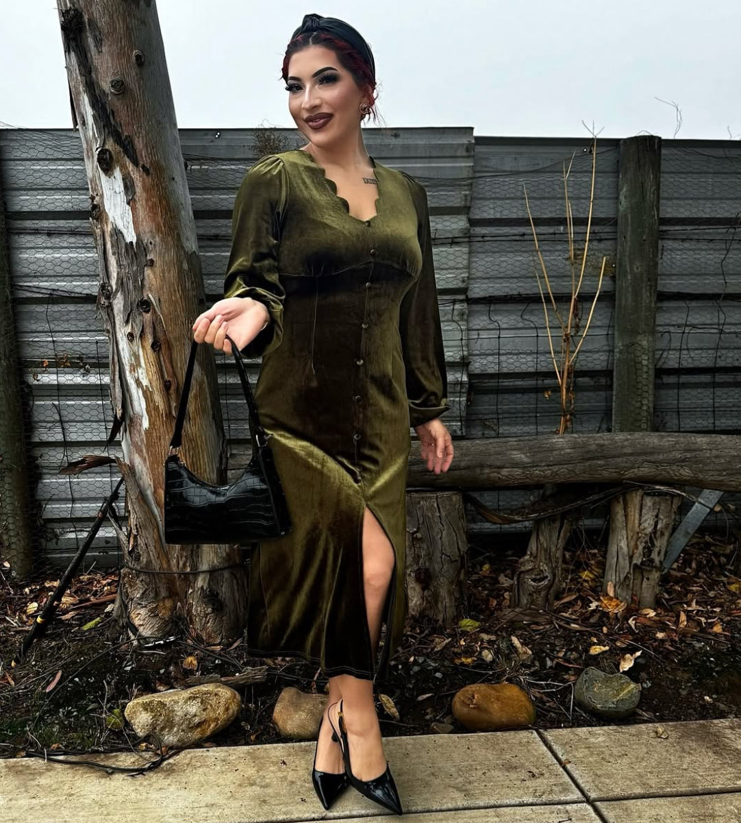 V-Neck Long Sleeve Midi Dress
