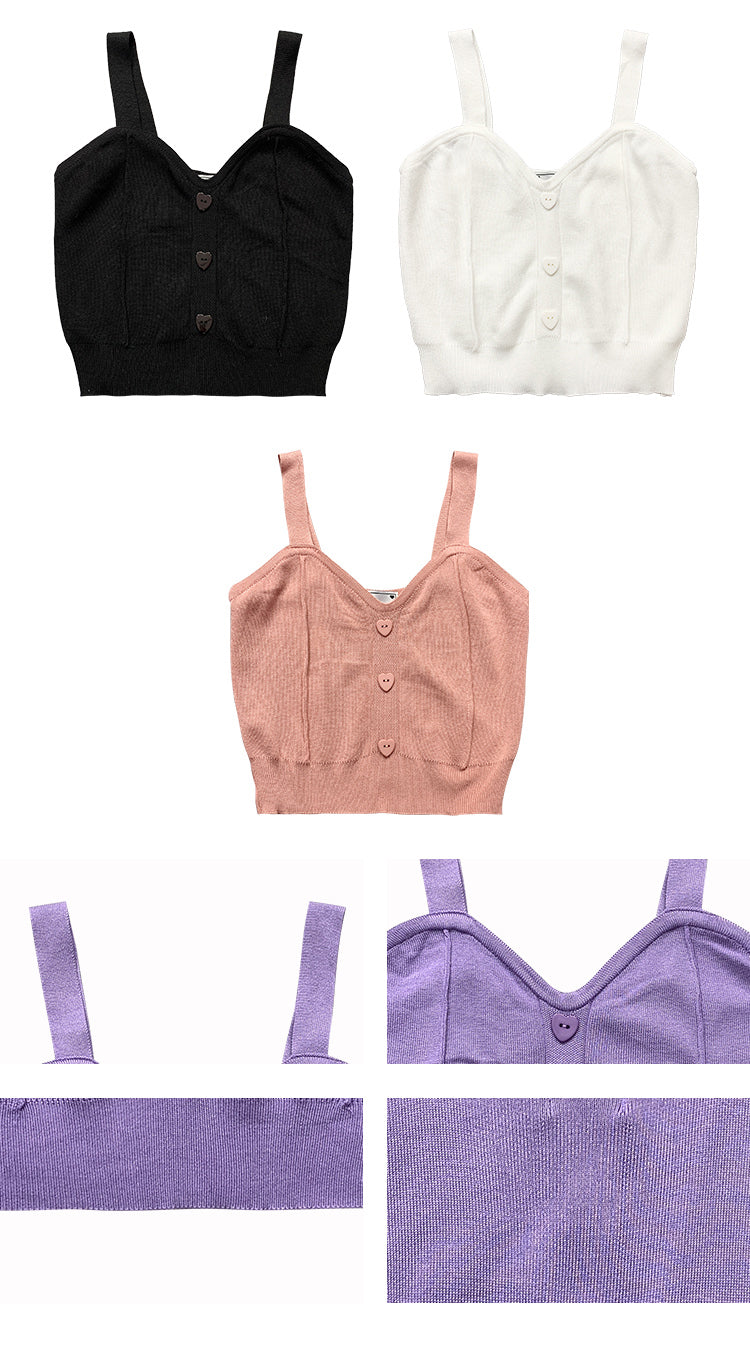 Heart Button Cropped Knit Tank Top