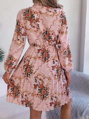 Pleated Printed-Tie Neck Long Sleeve Dress