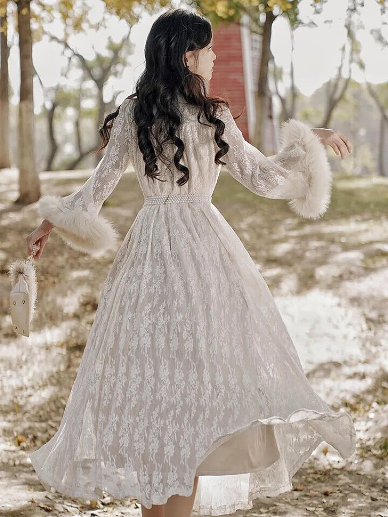 Magic Muse Faux Fur Lace Dress with Pearl Belt
