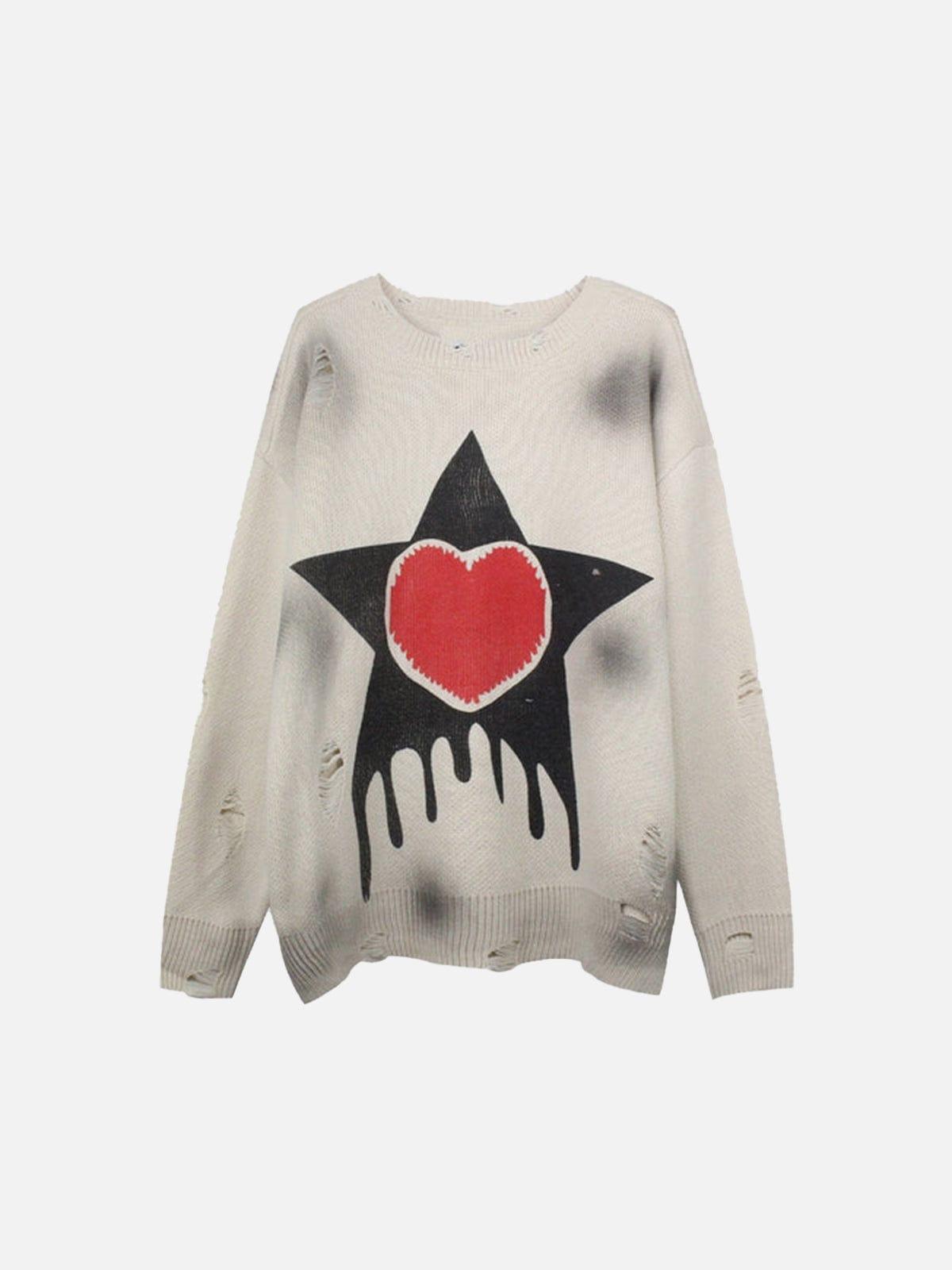 Dark Tie-dye Ripped Five-pointed Star Love Knitted Sweater