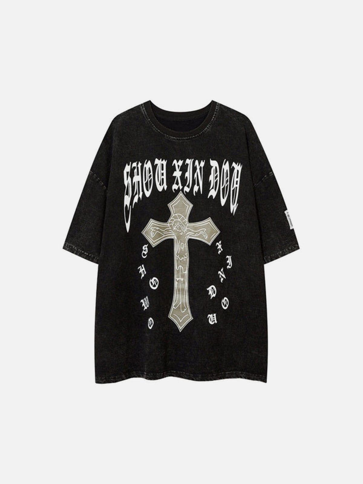 Cross Print Washed Graphic Tee