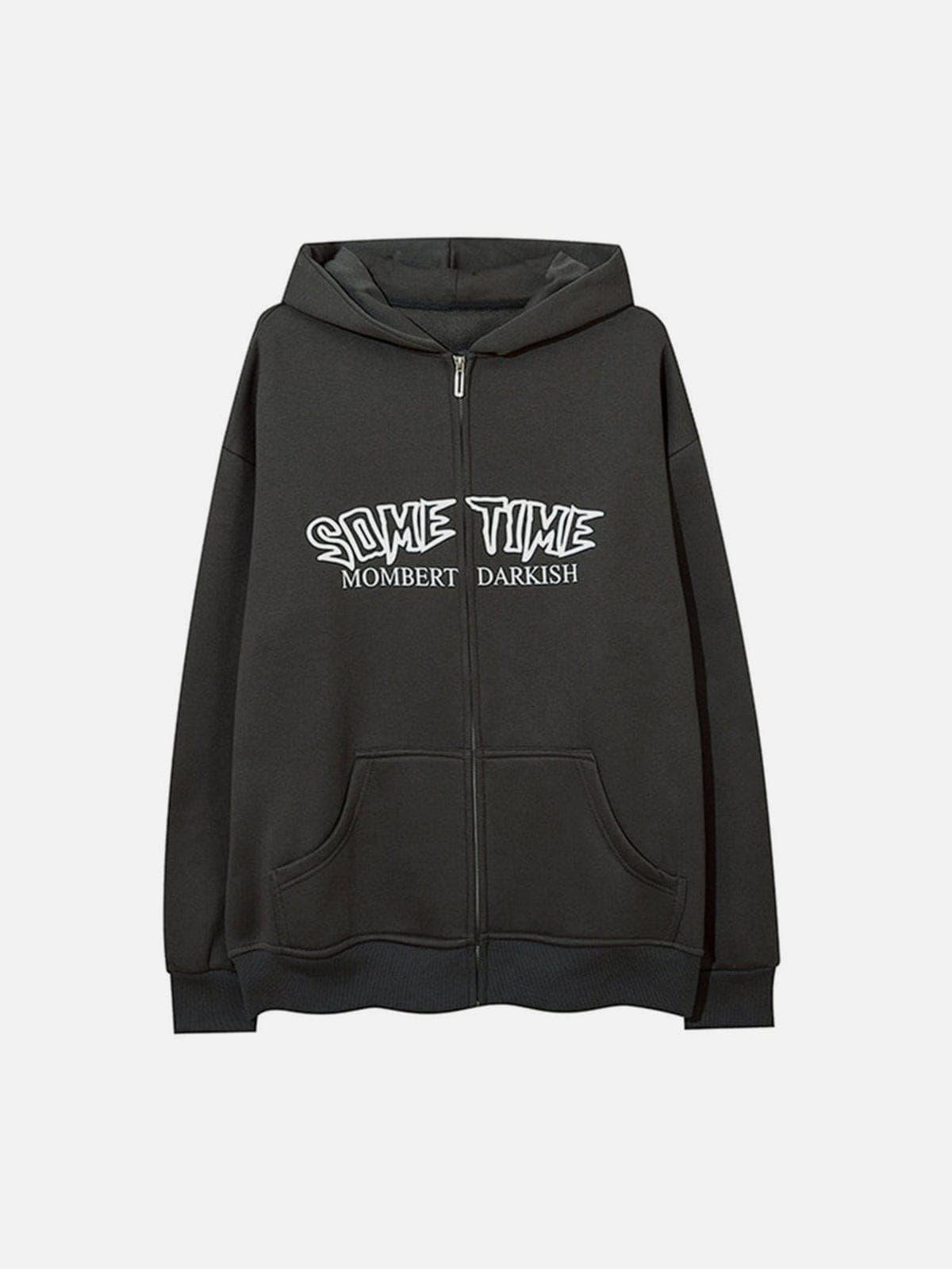 Circle Letters Print Fleece Zip Up Hoodie