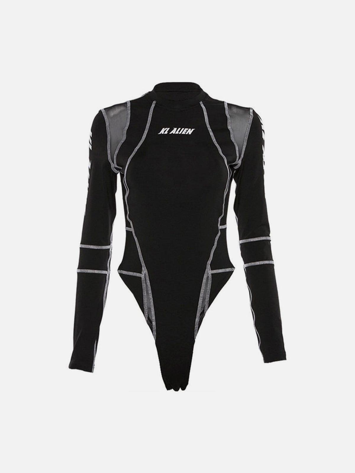 Mesh Patchwork Half Turtleneck Long Sleeve Bodysuit