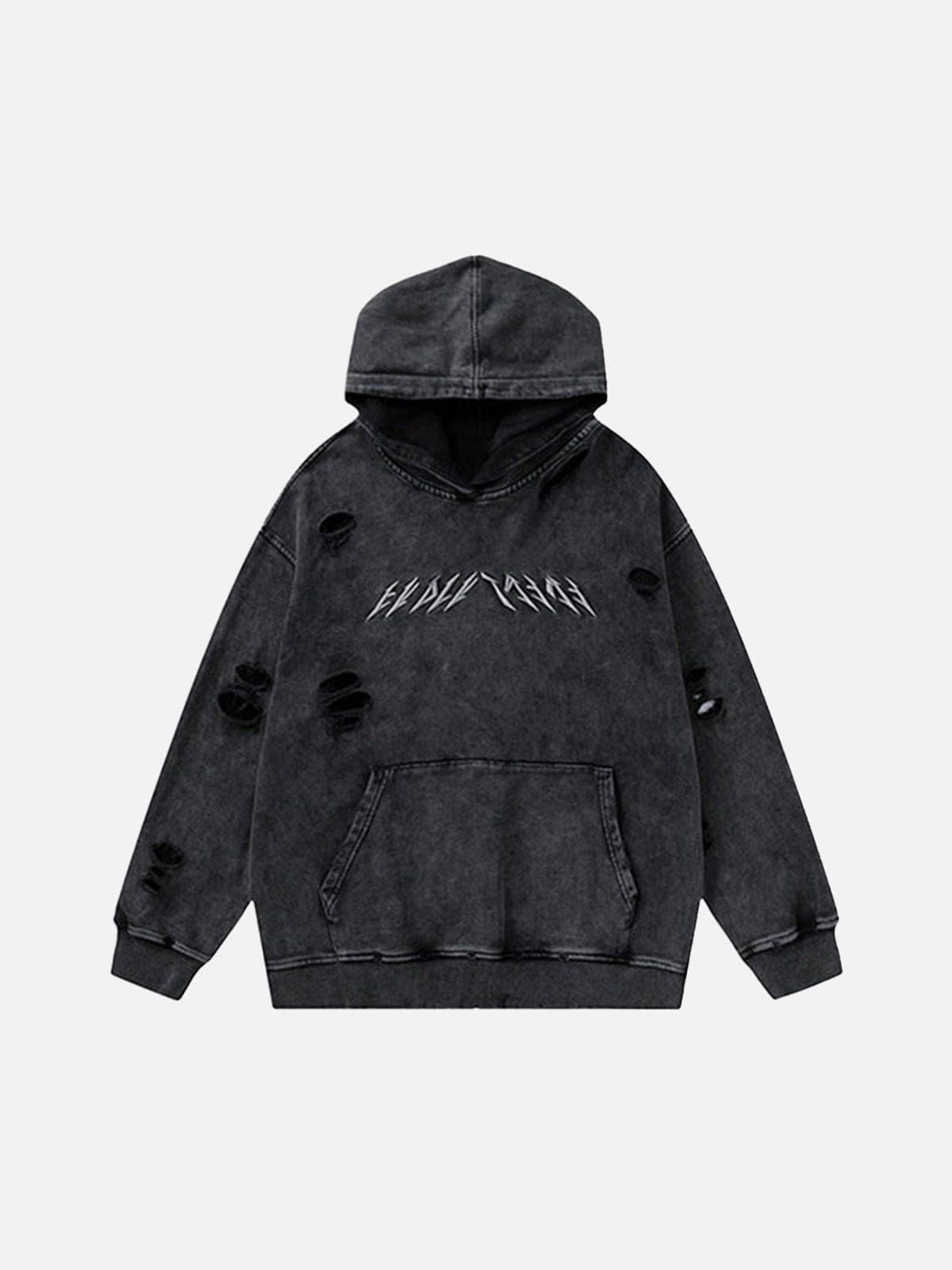 Ripped Hole Letters Embroidery Washed Hoodie