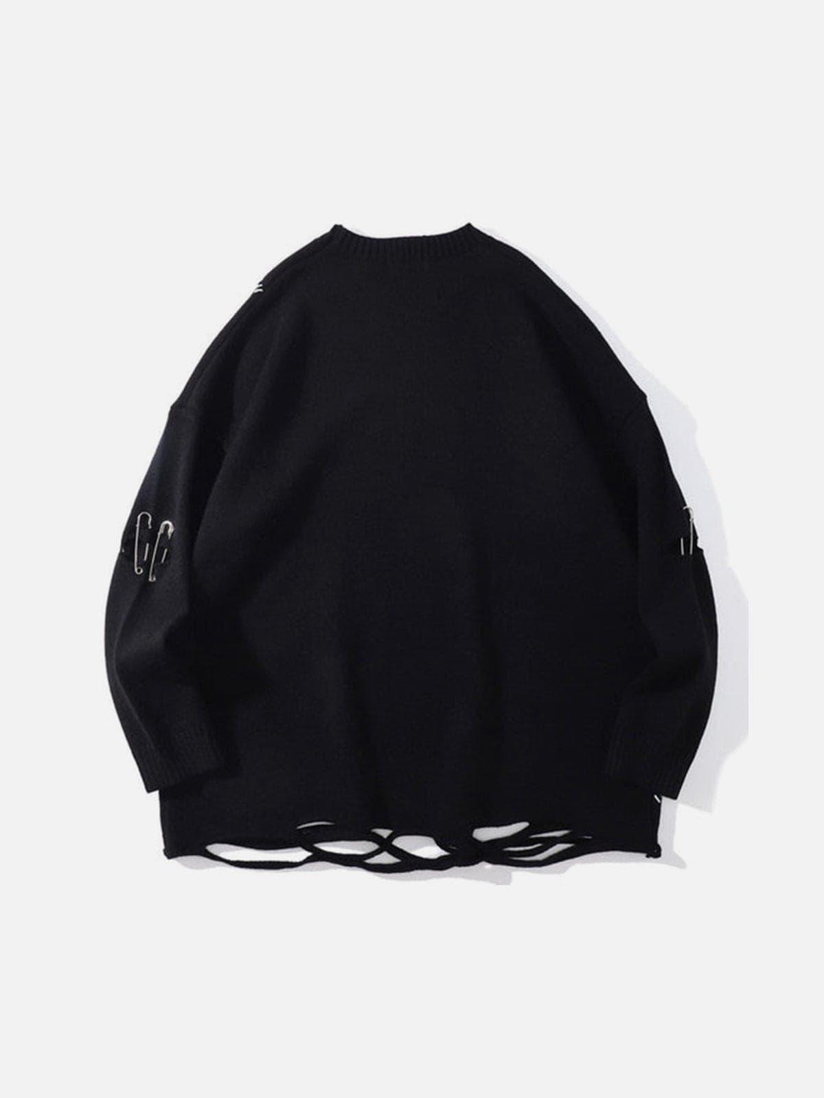 Dark Pin Striped Embroidery Knitted Sweater