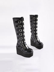High-top Metal Button PU Thick High-heel Martin Boots